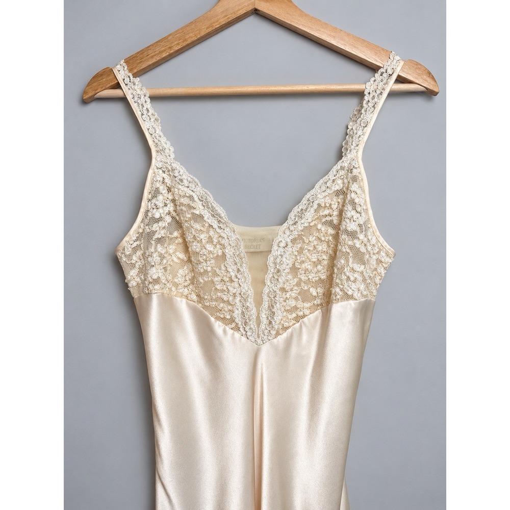 Vintage Victoria's Secret Gold Label Maxi Slip Dress Satin Nightgown Lace Bridal - Picture 3 of 11